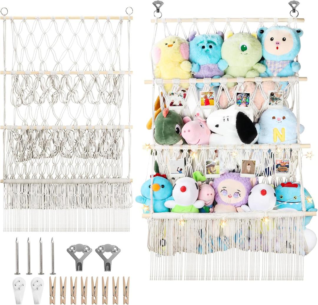 3 Tier Stuffed Animal Storage Shelf Net, 24x39 Inch Large Plushie Net w/LED Light & Clips for Mini Medium Stuffy Teddy, Beige Boho Macrame Wall Toy Holder Display for Nursery Kids Girls Boys