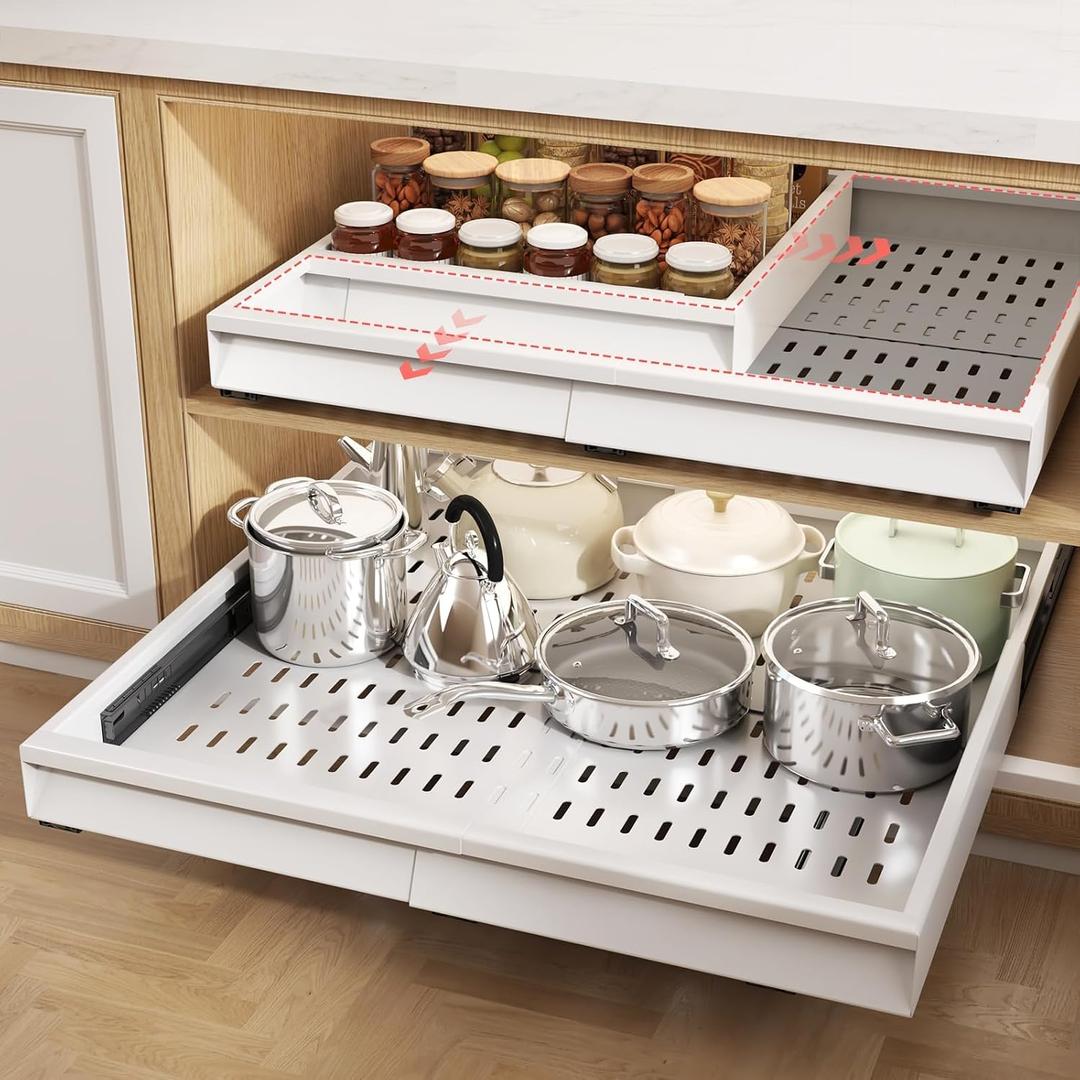 Seinloes 2 Pack Pull Out Cabinet Organizer With Raising Pad for Framed Cabinets, Expandable Width (15"-25") and Depth (17"-24"), 3 Slide Rails Slide Out Drawers with Handle, No-Drill Roll Out Shelf, White