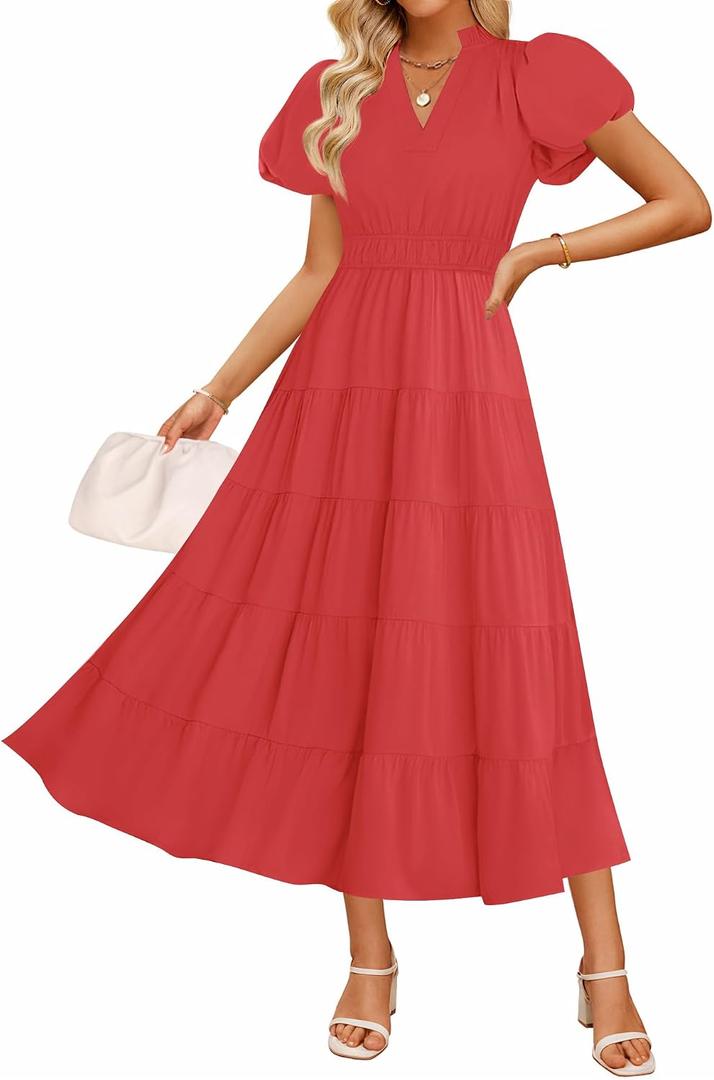 ZESICA Womens Summer Casual Ruched Ruffle Tiered Maxi Dress | Puff Short Sleeve, V Neck, Flowy Dress, Boho Beach Vacation Dress (Red, S)