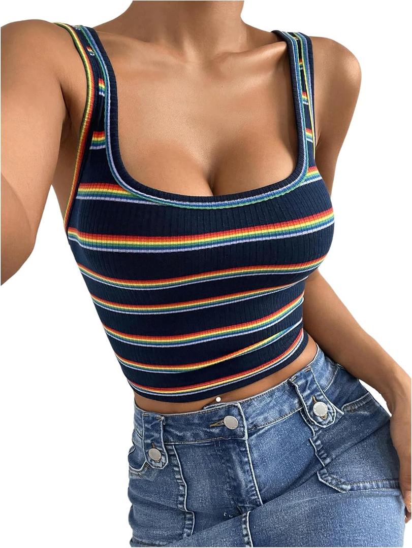 GORGLITTER Women's Colorful Striped Cropped Tank Top Square Neck Sleeveless Slim Tops Summer Trendy 2025 (S)