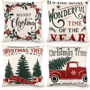 Christmas Pillow Covers 18x18 Christmas Decorations Rustic Farmhouse Throw Pillowcase Cotton Linen Cushion Case for Home Decor Set of 4