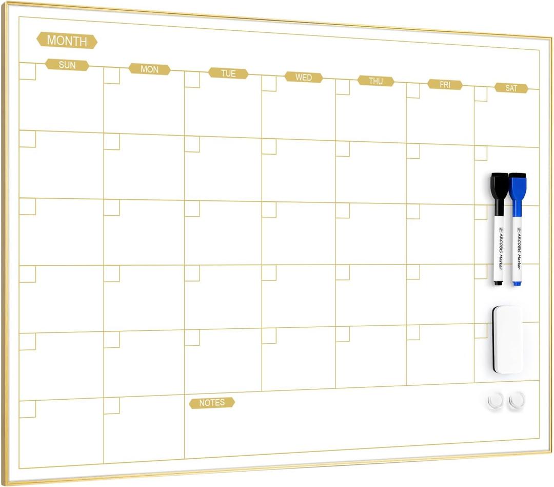 ARCOBIS Monthly Calendar Whiteboard for Wall, 24" x 18" Magnetic Dry Erase Calendar with Gold Frame, Wall Hanging Planner for Home, Office, School