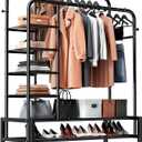 Clothes Rack, Double Rods Clothing Rack with 2 Bottom Shelves & 4 Side Shelves, Metal Garment Rack for Hanging Clothes, Heavy Duty Clothes Rack for Bedroom, Laundry, Living Room, Black