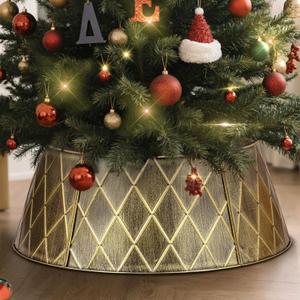Lanpn Metal Christmas Tree Collar 24 inch, Christmas Tree Ring Collar for Small Mini Pencil Xmas Stand Cover Real Artificial Trees Indoor Outdoor Decoration (Gold, Diamond)