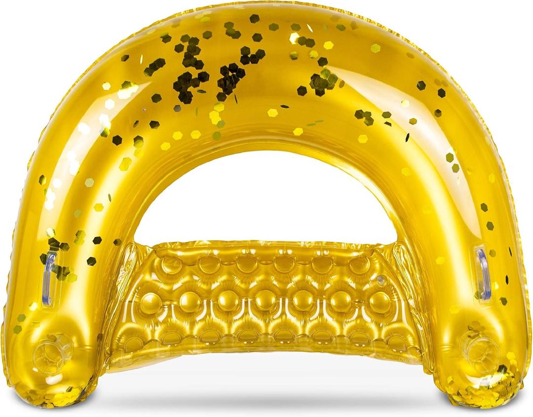 POZA Inflatable Pool Float Chair - Luxurious Lounger Filled with Sparkle Confetti, 2 Built in Cup Holders & Handles, Water Floating Chair for Beach, Lake & Swimming Pool - 48 x 38 Inch (Gold)