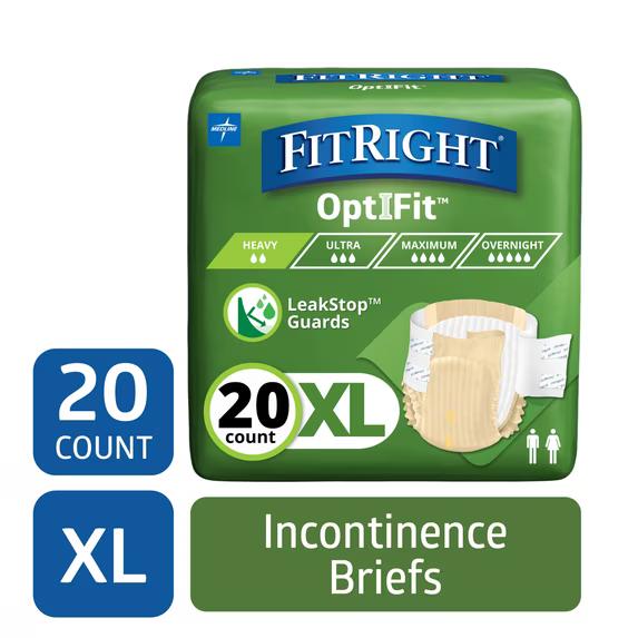 FitRight Adult Incontinence Briefs with Tabs, Heavy Absorbency, XL, 57" to 66", 20 Count