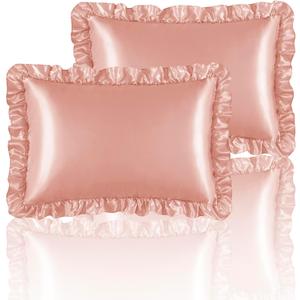 Silky Satin Ruffled Pillow Cases for Hair and Skin,Rose Gold Silk Pillowcases Queen Set of 2 with Envelope Closure Princess Room Decoration