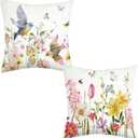 Spring Pillow Covers 18x18 Inch Set of 2 Summer Floral Flower Bird Butterfly Outdoor Throw Cushion Case Decorations for Home Porch Sofa Couch