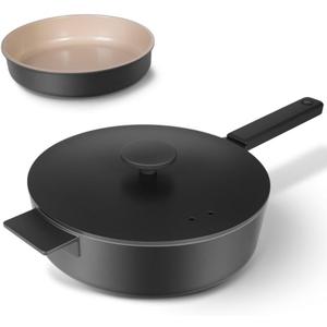 11 Inch All in One Pan with Lid Ceramic Nonstick and 9.5 Inch Circle Pan,Multifunctional Pan Sets for Vertasile Cooking (Black)