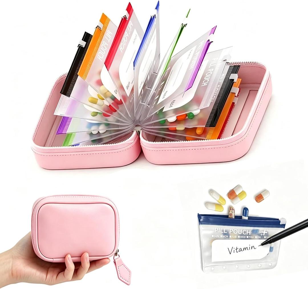 Travel Pill Organizer Binder with 14 Color-Coded Zipper Medicine Pouches