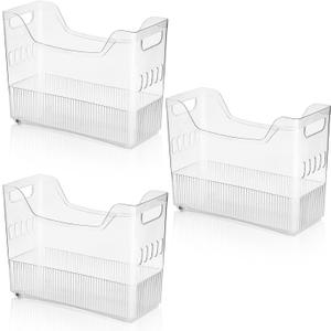 Peohud 3 Pack Freezer Organizer Bins with Wheels, Clear Plastic Pantry Storage Organizer with Handle, Tall Narrow Kitchen Organization Rolling Bins for Fridge, Cabinet, Bathroom, Under Sink, Office
