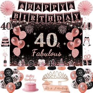 40th Birthday Decorations for Women - Rose Gold 37Pcs All-in-One Party Kit with Banner, Backdrop, Tiara, Sash, Cake Topper, Latex Balloons, Hanging Swirls, Centerpieces
