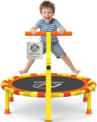 ANCHEER 38'' Kids Trampoline with Adjustable Handle, Indoor Outdoor Safe Rebounder, Heavy-Duty Recreational Trampoline with Safety Bar for Toddlers & Kids Home Play, 150lbs Weights Capacity