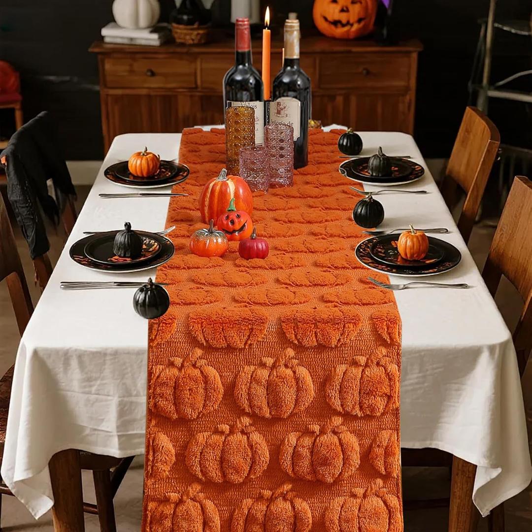 3D Halloween Indoor Decoration Table Runner - White Ghosts Soft Plush Faux Fur Fabric Holiday Home Kitchen Dining Party Table Decor 13x72 Inch Long