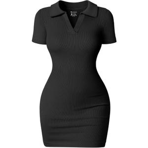 OQQ Women's Mini Dresses Sexy Ribbed Short Sleeve Tummy Control Bodycon Mini Dress (Large, Black)