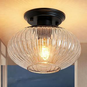 Semi Flush Mount Ceiling Light, Black Vintage Kitchen Ceiling Lights, Amber Striped Glass Close to Ceiling Light Fixtures for Living Room, Hallway, Bedroom
