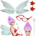5 Pcs Halloween Godmother Costume Accessories Set Include Purple Godmother Wig Fairy Wings Retro Glasses Wand Sticks and Earrings for Halloween Cosplay Party Favor