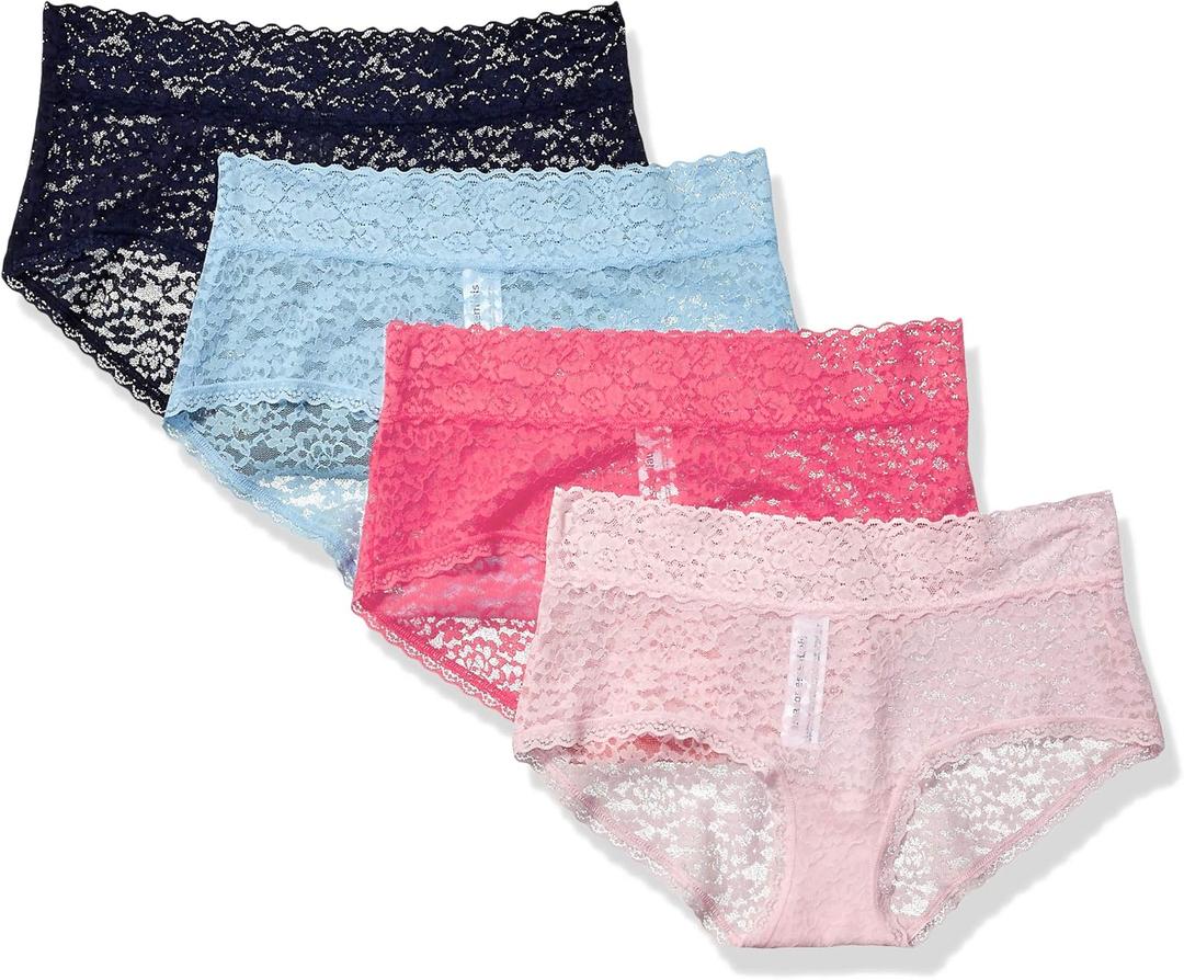 Amazon Essentials Women's Comfortable Lace Stretch Hipster Underwear, Pack of 4 (Medium, Blue/Pink)