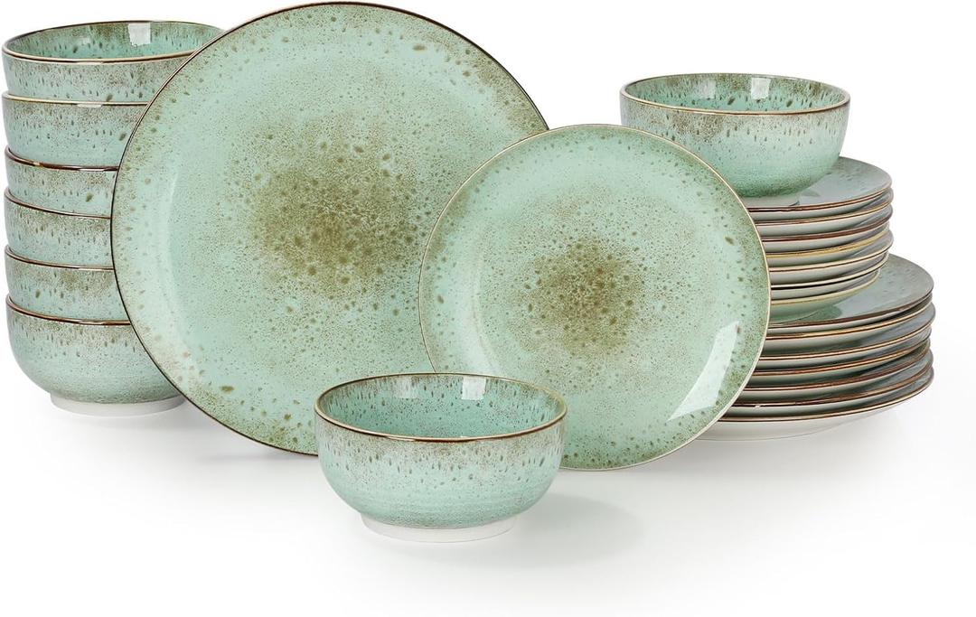 Sweejar 24 Piece Dinnerware Sets for 8, Porcelain Plates and Bowls Set for Kitchen, Housewaring Gift, Chip and Scratch Resistant, Easy Cleaning Dishes Set, Stack Compactly Dishware, Green