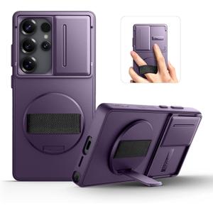 SURITCH for Samsung Galaxy S25 Ultra Case with 360 Rotatable Hand Strap Phone Grip & Invisible Kickstand & Slide Camera Cover, Rugged Shockproof Protective Cover for S25 Ultra -Dark Purple