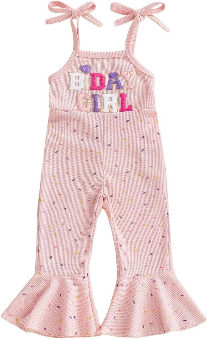 Socutebabe First 2nd 3rd 4th 5th Birthday Outfit Girl B Day Jumpsuit Toddler Halter Romper Bell Bottoms Outfits For Girls (B Day Girl Donut Pink, 2-3T)