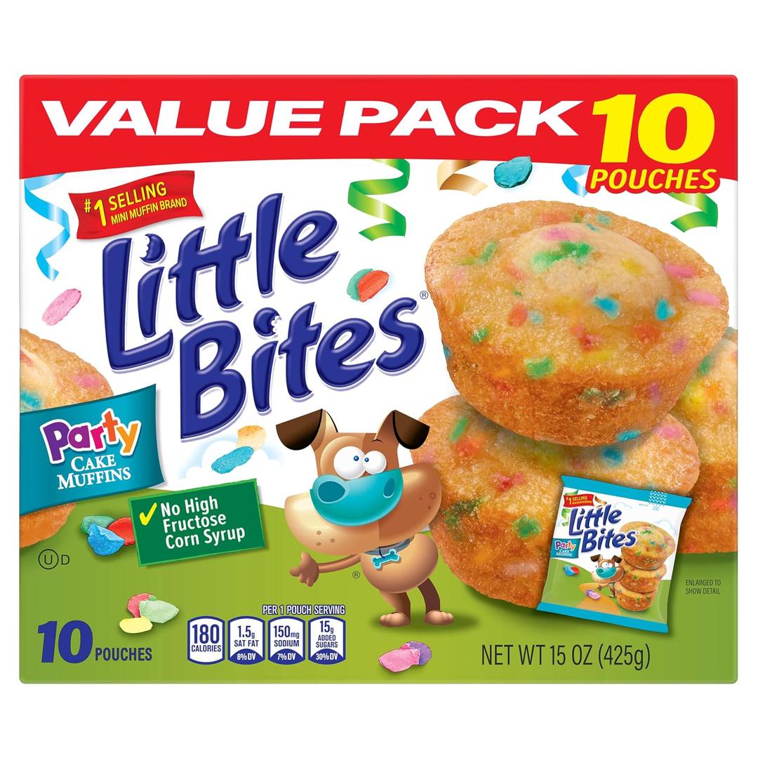 (Value Pack) Little Bites Party Cake Muffins, 10 individual packs, (1.5 oz each), Cake and Sprinkles Mini Muffins, 15 oz Multipack (EXP 08/30/26)
