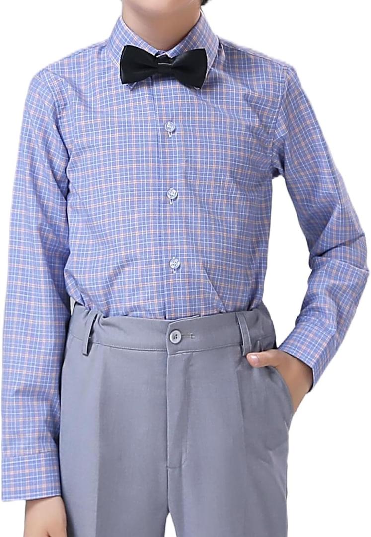 Boy Long Sleeve Dress Shirts for Teens, Toddler Boys Kids Collared Button Down Uniform Shirt, Size 2T-20 (8, Blue/Yellow Small Plaid)