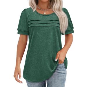 Womens Summer Short Sleeve Tops Pleated Shirts Crewneck Outfit Puff Sleeve Blouses Casual Tunic Blue Flower (Black, M)