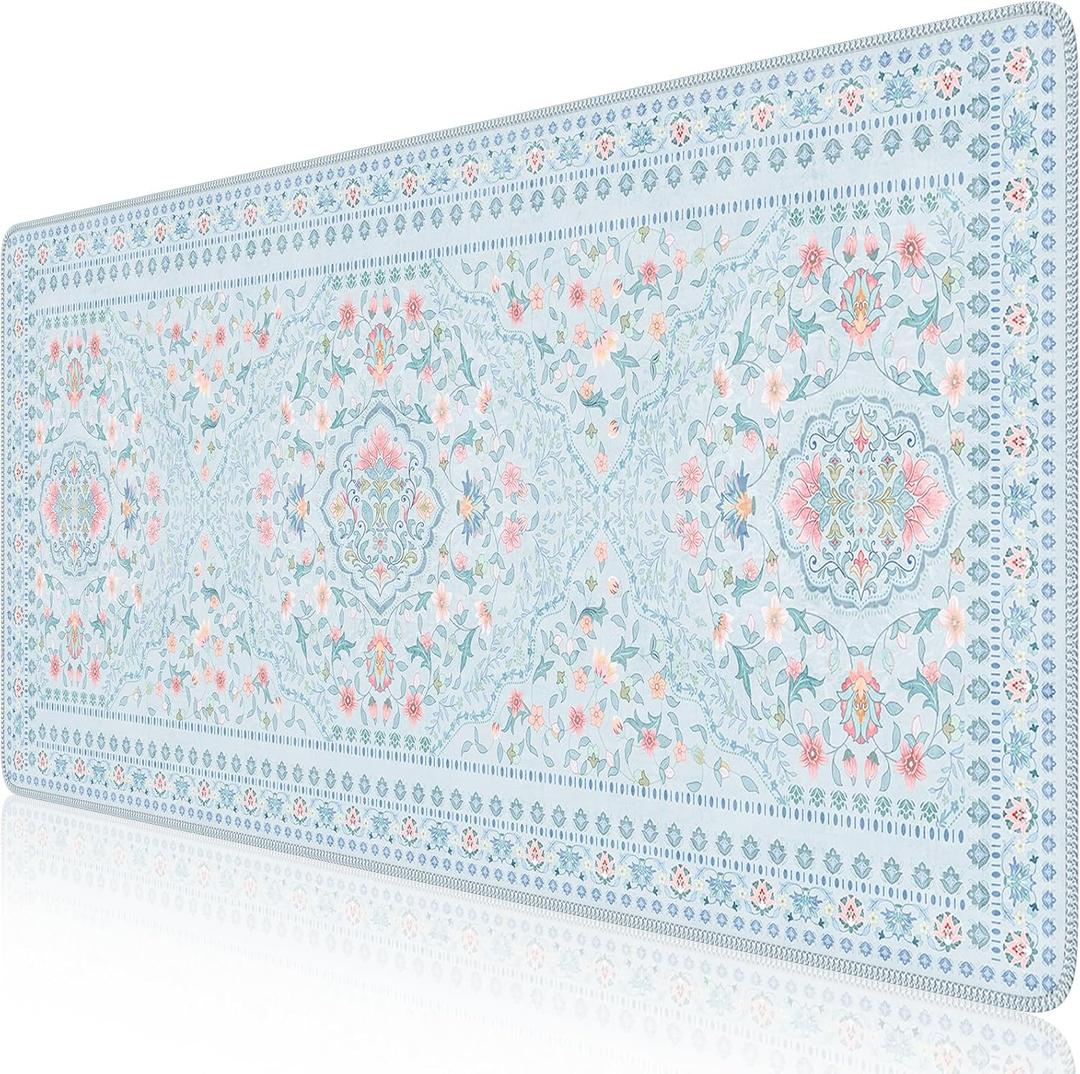 HAOCOO Floral Desk Mat for Keyboard and Mouse, Large Laptop Mouse Pad, Waterproof Makeup Mat, Cute Desktop Mat for Home, Desk Skirts for Teacher Desk, Desk Mat for Dorm(Blue)