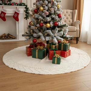 60 Inches Extra Large White Knit Christmas Tree Skirt Ivory Knitted Thick Rustic Christmas Tree Skirt Mat for Boho Xmas Decor Neutral Ornaments Xmas Party Decorations Holiday Winter Home