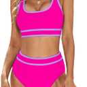 Blooming Jelly Women's Bikini Sets High Waisted Two Piece Swimsuits Sporty Color Block Cheeky High Cut Bathing Suits (X-Large, Hot Pink)