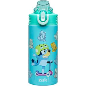 Zak Designs Bluey Sage Kids Water Bottle For School or Travel, 14oz Stainless Steel Water Bottle With Straw, Handle, and Leak-Proof, Pop-Up Spout Cover (Bluey & Bingo)