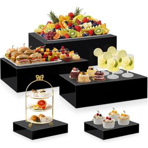 Leinuosen 5 Pcs Extra Large Buffet Risers Set 16 x 8.5 x 5 Inch Rectangle Acrylic Display Box Catering Dessert Table Riser Food Display Decorative Stand with Hollow Bottom for Catering(Black)