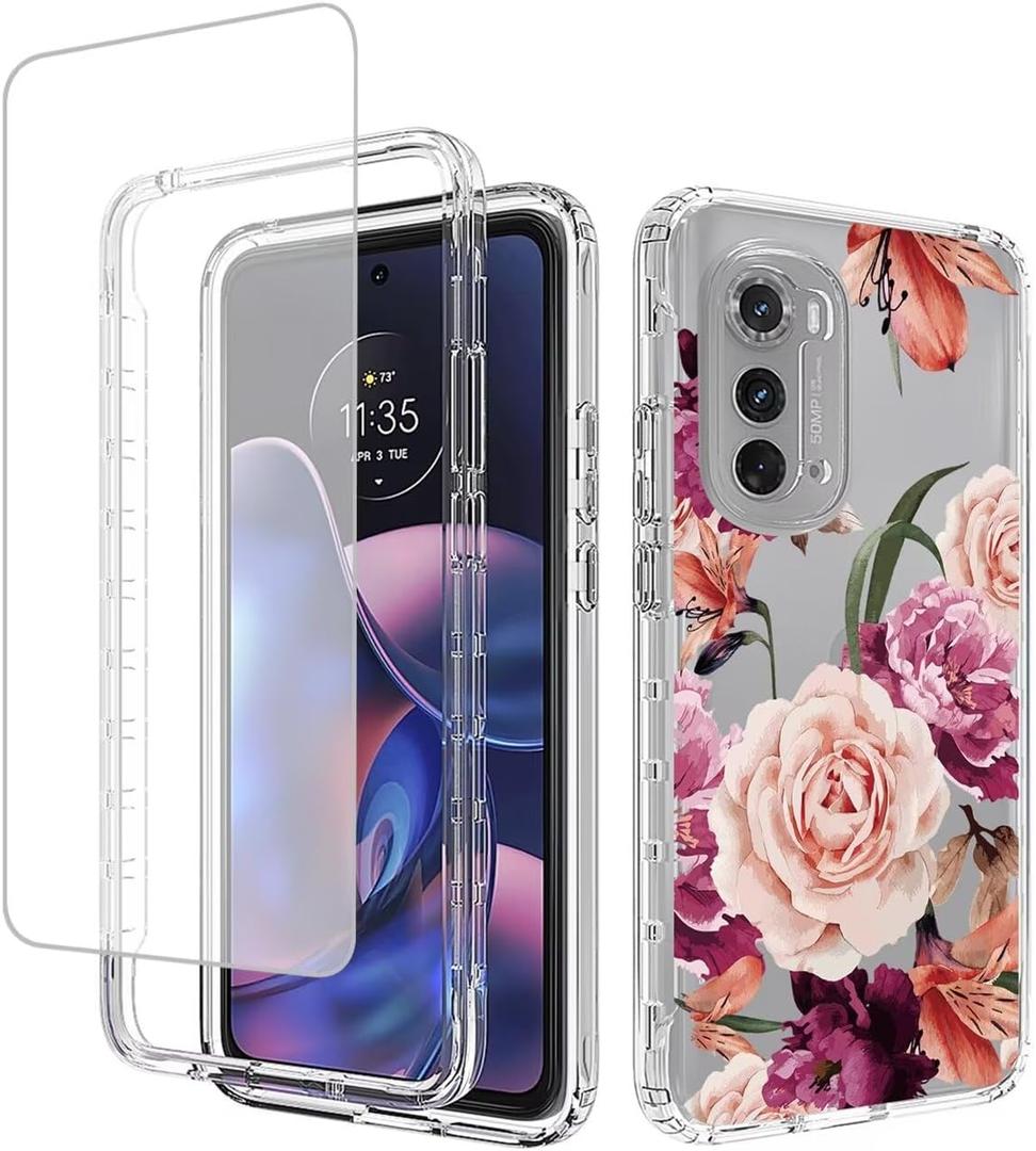 Case for Moto Edge 2022 / Moto Edge 2022 5G UW XT22051 Case with Tempered-Glass Screen Protector, Clear Floral Pattern Full Body Protective Cover for Motorola Moto Edge 2022 5G Purple Flower