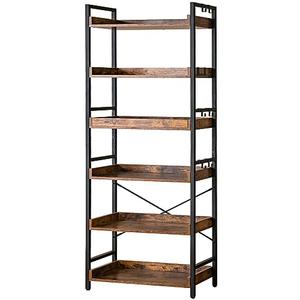 HCHQHS Adjustable 6 Tier Open Bookcase, Rustic Farmhouse Book Shelves, Industrial Wood and Black Metal Bookshelves, Mid Century Bookcase for Home Office Living Room Bedroom