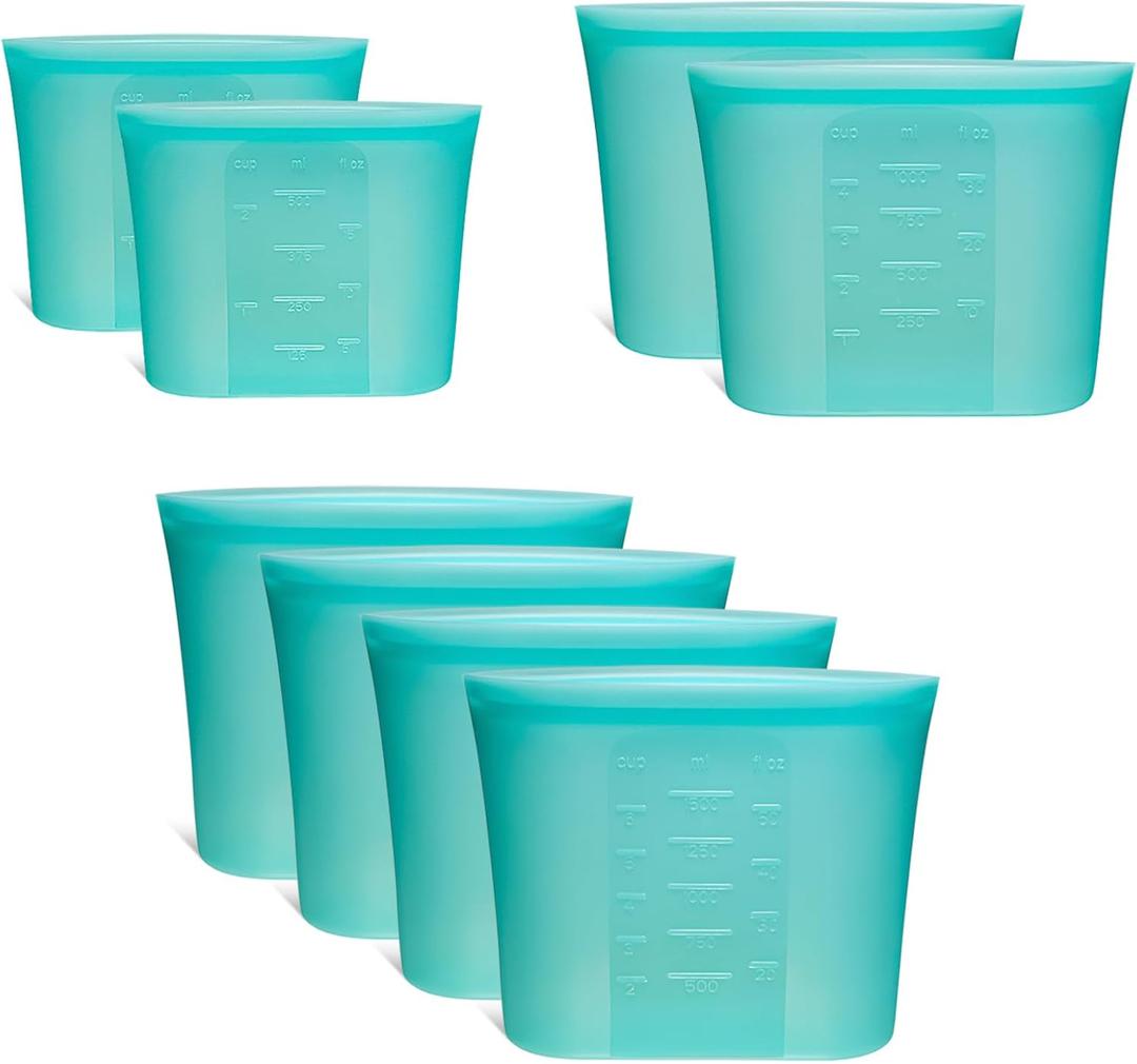 8-Pack Reusable Silicone Food Storage Bags, 100% Silicone Stand-Up Wide-Open Zip-Lock Reusable Storage Bags for Food, Freezer Microwave Oven Dishwasher Safe, Aqua, 4L 2M 2S (Teal | 3-Size | 8 PC)