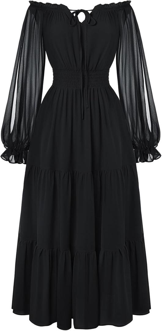 Scarlet Darkness Women Renaissance Off Shoulder Split Sleeve Smocked Waist Tiered Maxi Dress,2XL