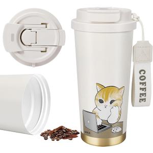 Insulated Tumbler With Lid And Straw, Stainless Steel Cat Coffee Tumbler 16 Oz, Travel Ceramic Lined Coffee Tumbler, Double Wall Vacuum Leak Proof Mug For Office School Party Camping (Working Cat)