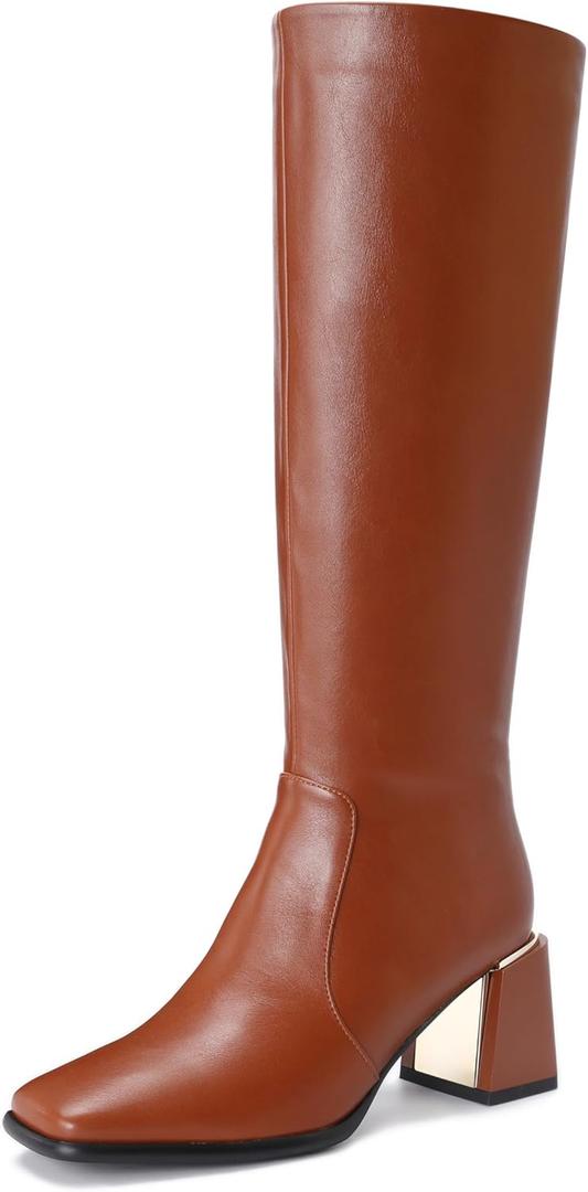 Women's Knee High Boots Block Metal Heel Square Toe Side Zipper Soft PU Leather Classic Fashion Dress Long Boots (9.5, Brown)