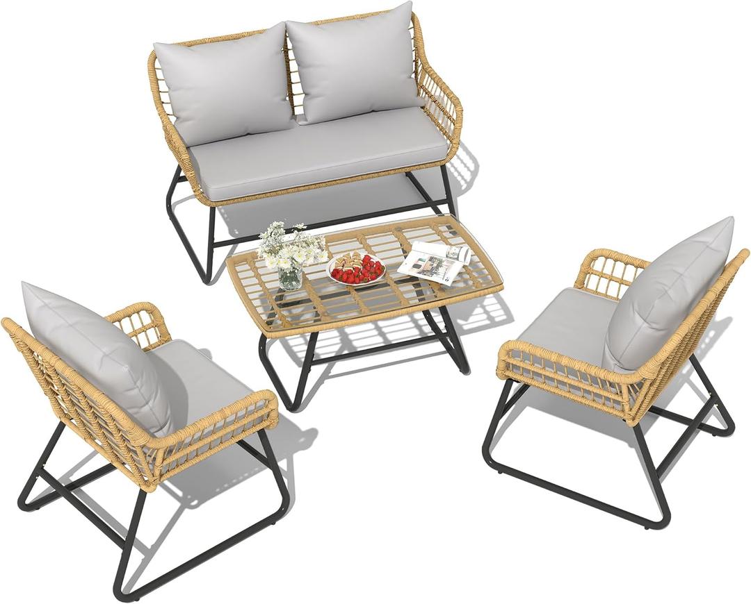 YITAHOME 4 Piece Patio Furniture Set, Outdoor Wicker Furniture Set with Removable Cushion, Rattan Patio Loveseat Set for Garden, Backyard, and Deck, Armchairs, Glass Side Table, Light Gray & Beige