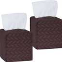 Tissue Box Cover 2-Pack, Square Tissue Holder with Bottom Belt, Modern Tissue Case Facial Paper Organizer Dispenser for Bathroom, Office, Home, Table, Car, Leaf Pattern Brown