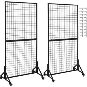 2 Packs 3' x 6' Grid Wall Panels Display Stand with Wheels, Heavy Duty Wire Grid Wall Rack for Retail, Craft Fairs & Art Shows, Mobile Floor Standing Fixture with 20 Hooks, Black