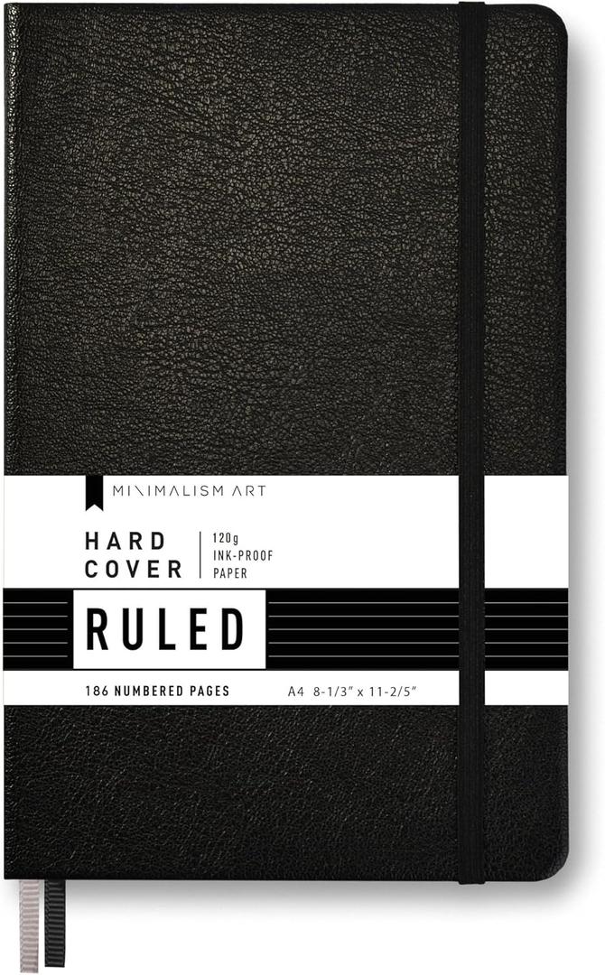 Minimalism Art, Premium Hard Cover Notebook Journal, X-Large Size, Master A4 8.3" x 11.4", 186NumberedPages, GussetedPocket, Ribbon Bookmark, Extra Thick Ink-ProofPaper120gsm (Wide Ruled, Black)