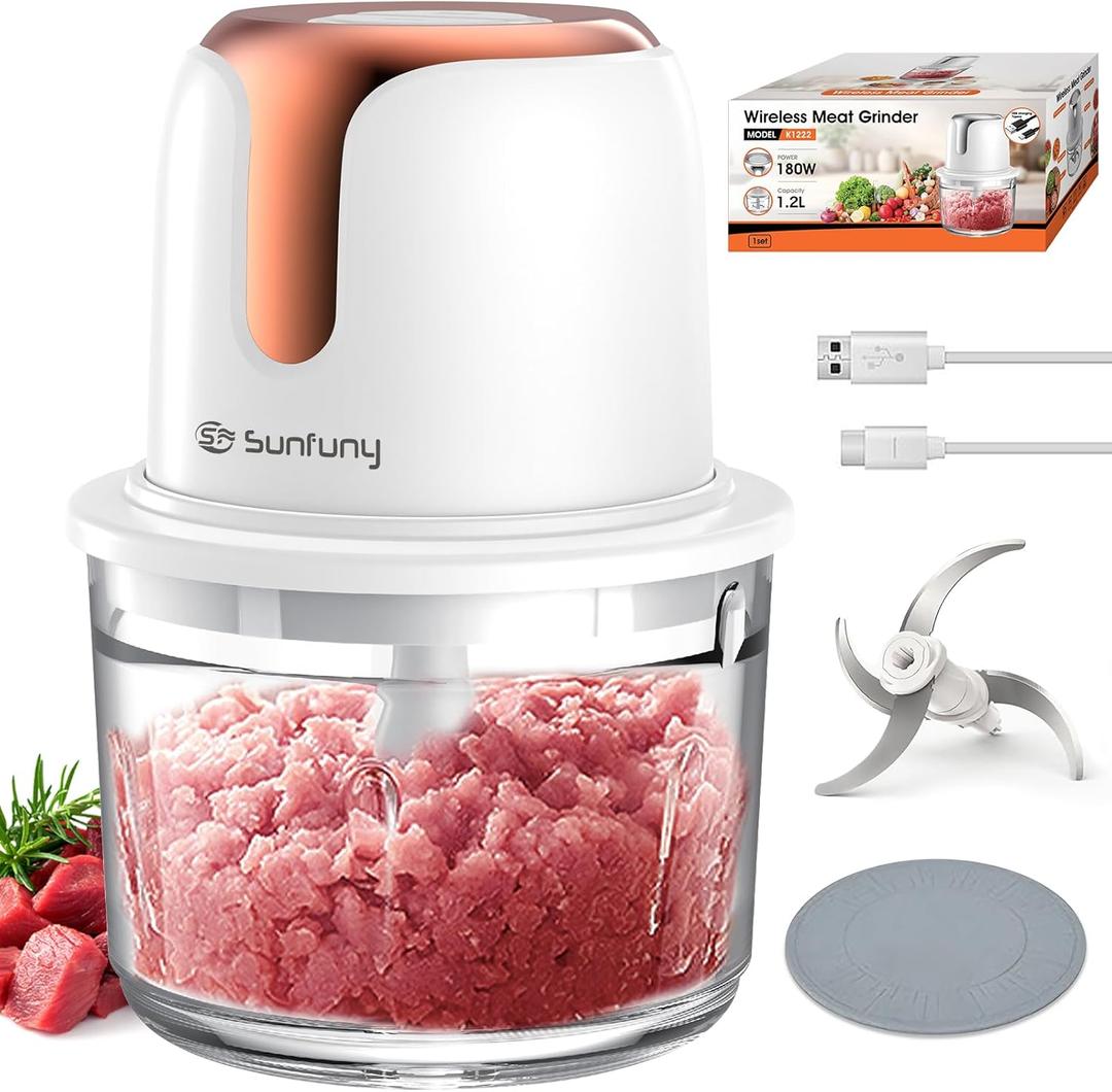Sunfuny Cordless Food Processor, Mini Food Chopper Wireless with 5-Cup Glass Bowl, 6000mAh Battery USB-C Rechargeable Vegetable Chopper, Electric Meat Blender Garlic Grinder Kitchen Mixer (Rose Gold) (1.2L)