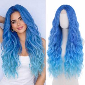 WECAN Long Blue Wig for Women Ombre Blue Wavy Synthetic Wig 28 Inch Water Wave Cosplay Wig Heat Resistant Fiber Wig for Halloween Party