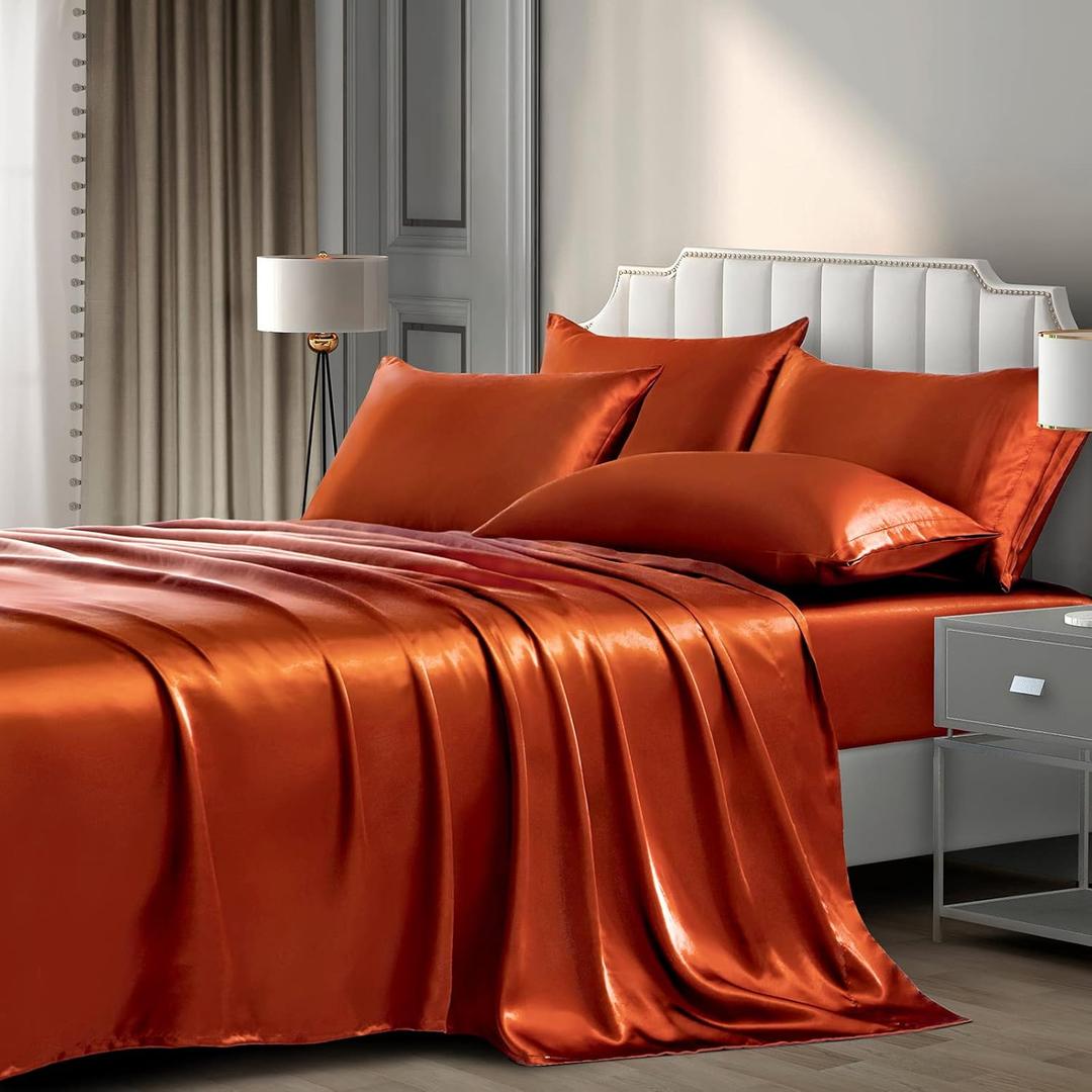 P Pothuiny Satin Sheets Queen (6 Pieces) - Luxury Silky Bed Sheets Set, Including 1 Fitted Sheet, 1 Flat Sheet + 4 Pillowcases in Burnt Orange