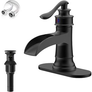 Matte Black Waterfall Bathroom Faucet, Single Handle Bathroom Sink Faucet 1 Hole or 3 Hole, Vanity Sink Faucet for Vintage Antique Lavatory Washroom with Pop Up Drain, Deck, 2 Hoses