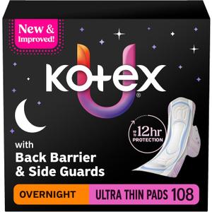 Kotex Ultra Thin Overnight Pads with Wings, Heavy Absorbency, 108 Count (3 Packs of 36)