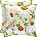 Alysheer Floral Embroidered Fall Decorative Throw Pillow Covers 18"x 18" Set of 2, Farmhouse Daisy Flowers Patterned Canvas Cushion Cases for Couch Bed Living Room Decor