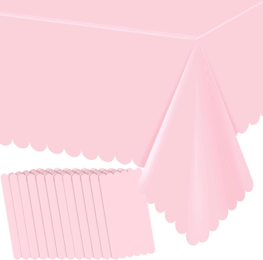 12 Pack Plastic Pink Tablecloths for Rectangle Tables,Disposable Scalloped Mother's Day Table Cloth Waterproof Pink Table Cover for Birthday Bridal Wedding Baby Shower, 54 X 108Inch